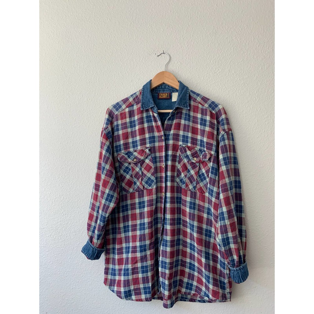 Vintage 90s Faded Glory Dad Denim Jean Collar Red Plaid Button-up Shirt Large